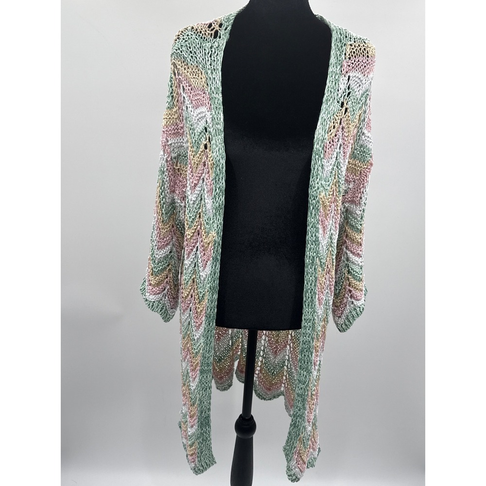 Toscana 39 Italy Women Pastel Chevron Crochet Knit Duster Cardigan Metallic New